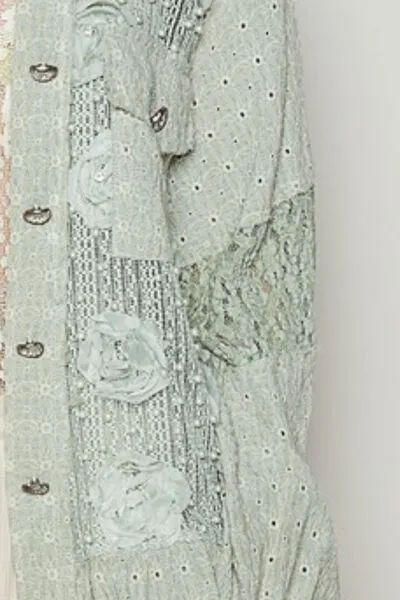 The Flower Edit Sage Pearl Detail Lace Patchwork Shirt