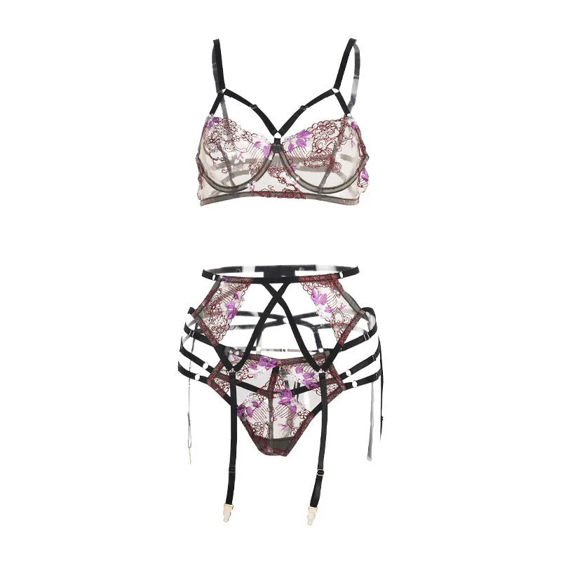 Three-point Lace Belt Underwire Garter Underwear Set