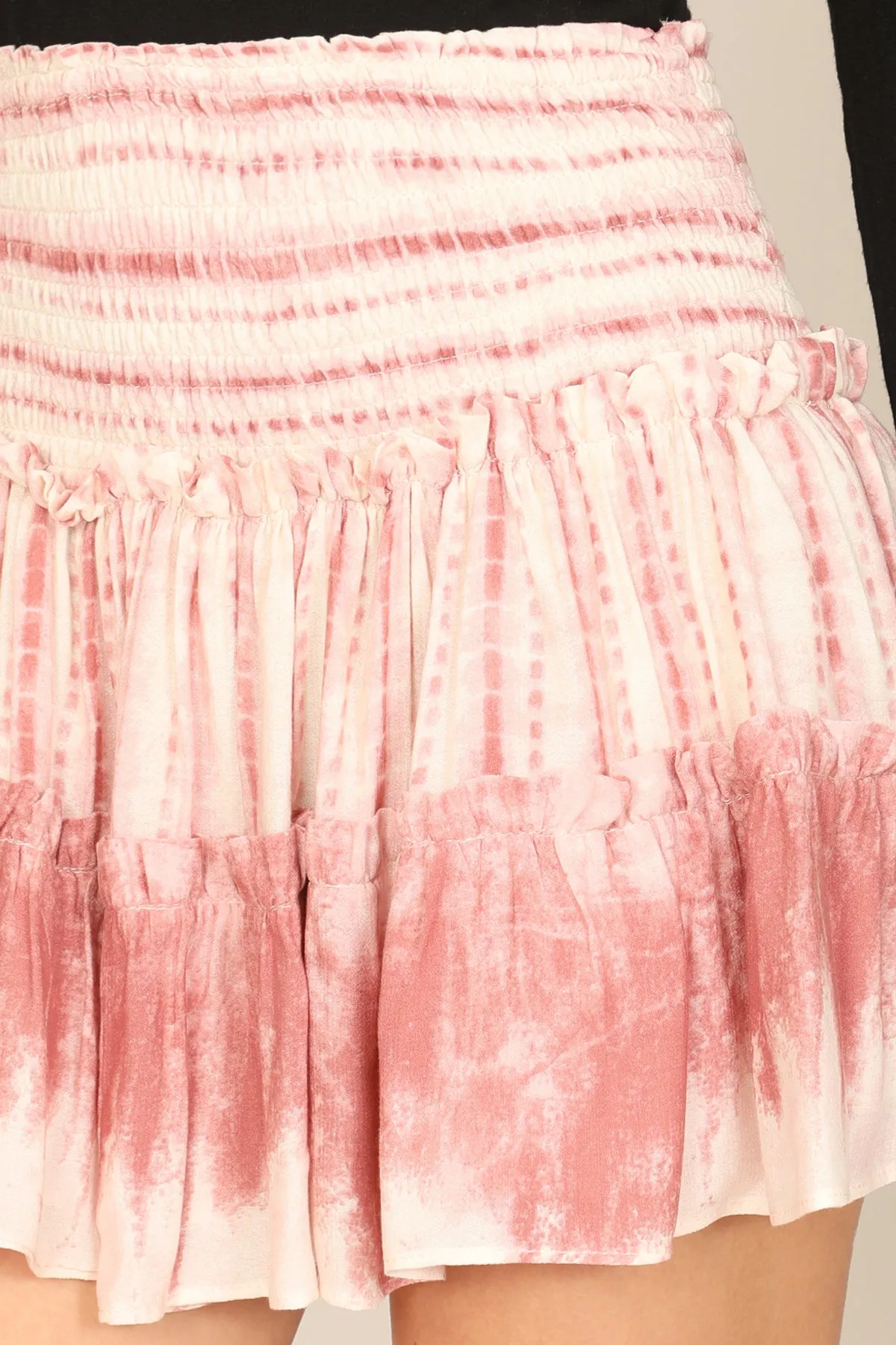 TIE DYE SMOCKED RUFFLE SKIRT