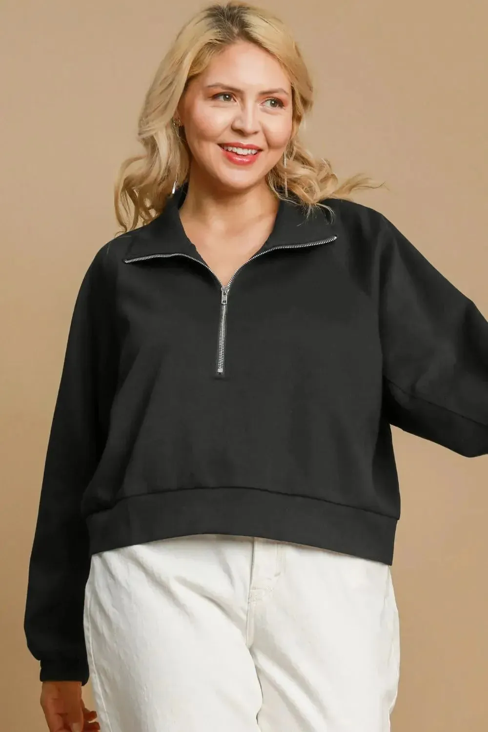 Umgee Full/Plus Size Half Zip Cropped Sweatshirt