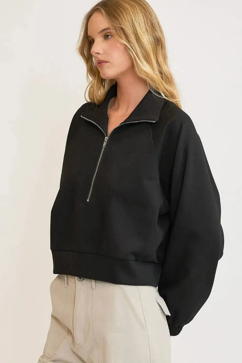 Umgee Full/Plus Size Half Zip Cropped Sweatshirt