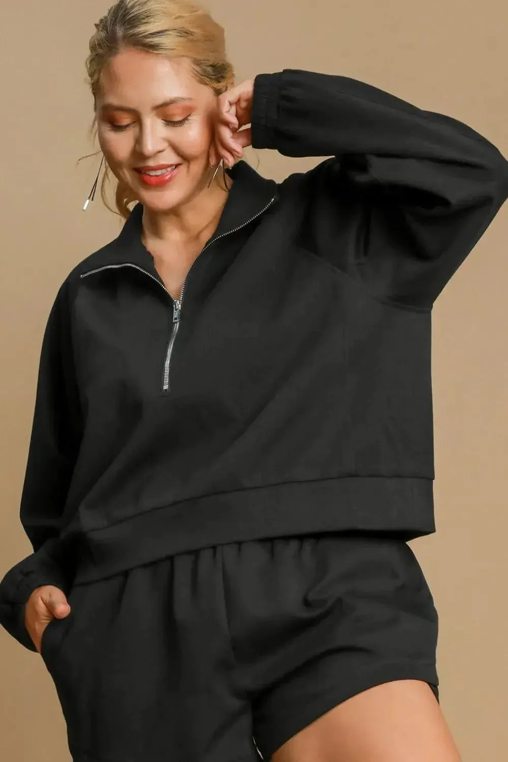 Umgee Full/Plus Size Half Zip Cropped Sweatshirt