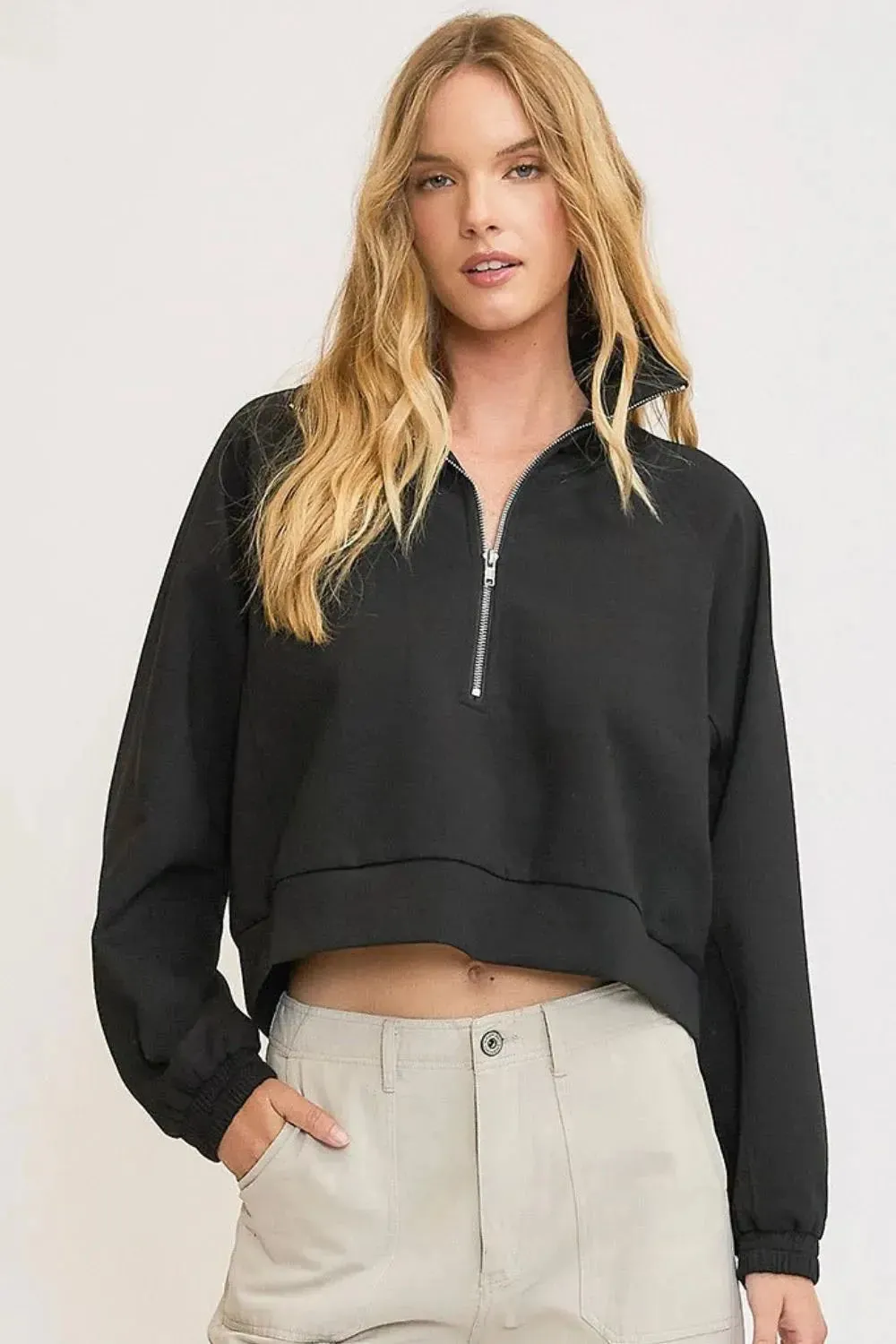 Umgee Full/Plus Size Half Zip Cropped Sweatshirt