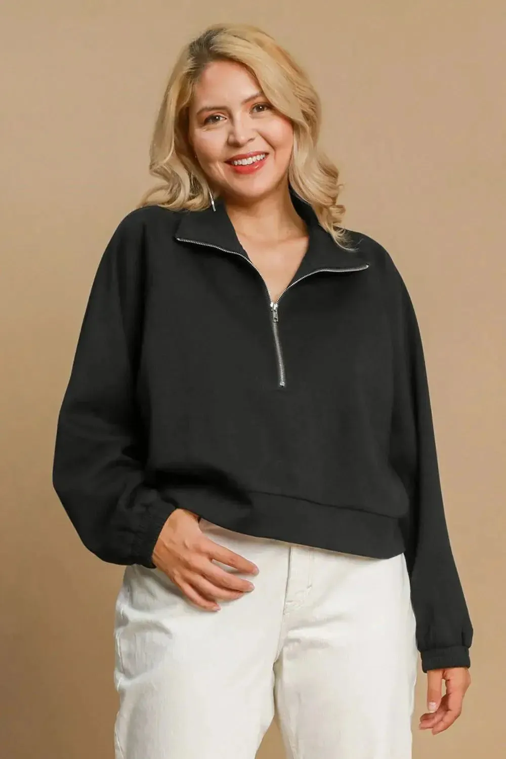Umgee Full/Plus Size Half Zip Cropped Sweatshirt
