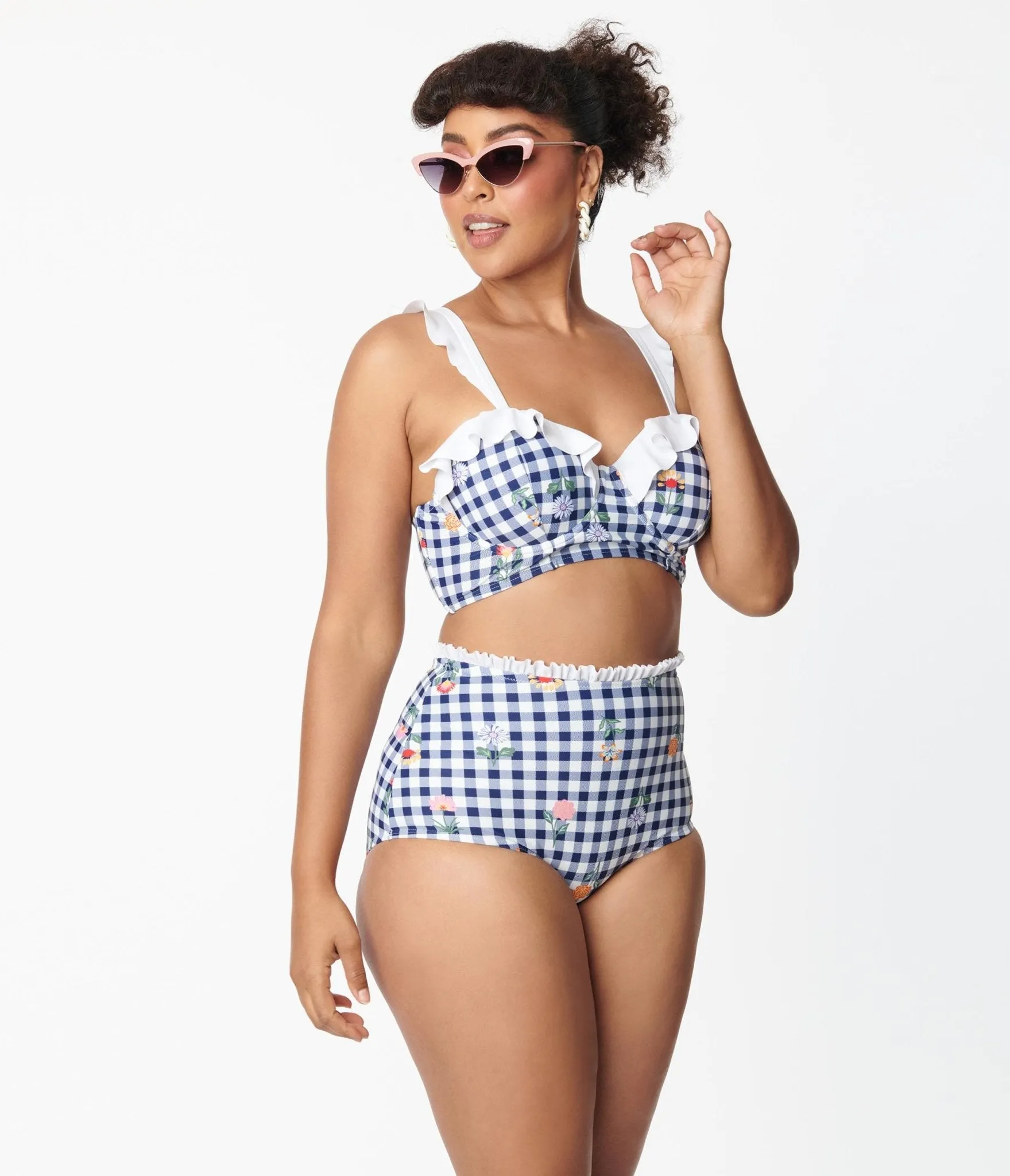 Unique Vintage Navy Gingham & Floral Southampton Swim Top