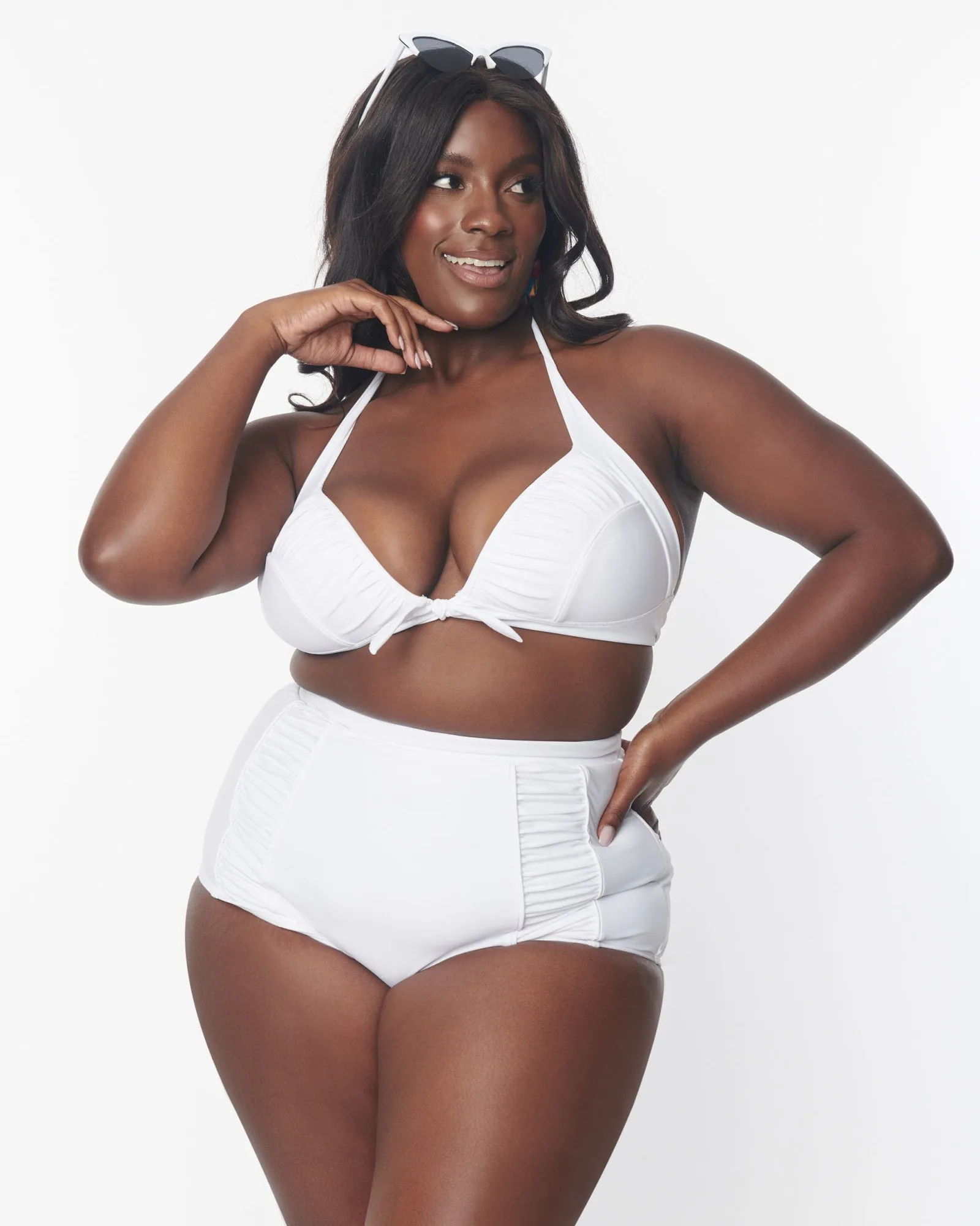 Unique Vintage White Ruched Swim Bottom | White