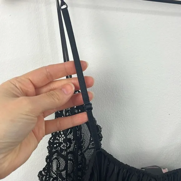 Victorias Secret Black Lace Sheer Satin Bow Baby Doll Lingerie Camisole Womens M