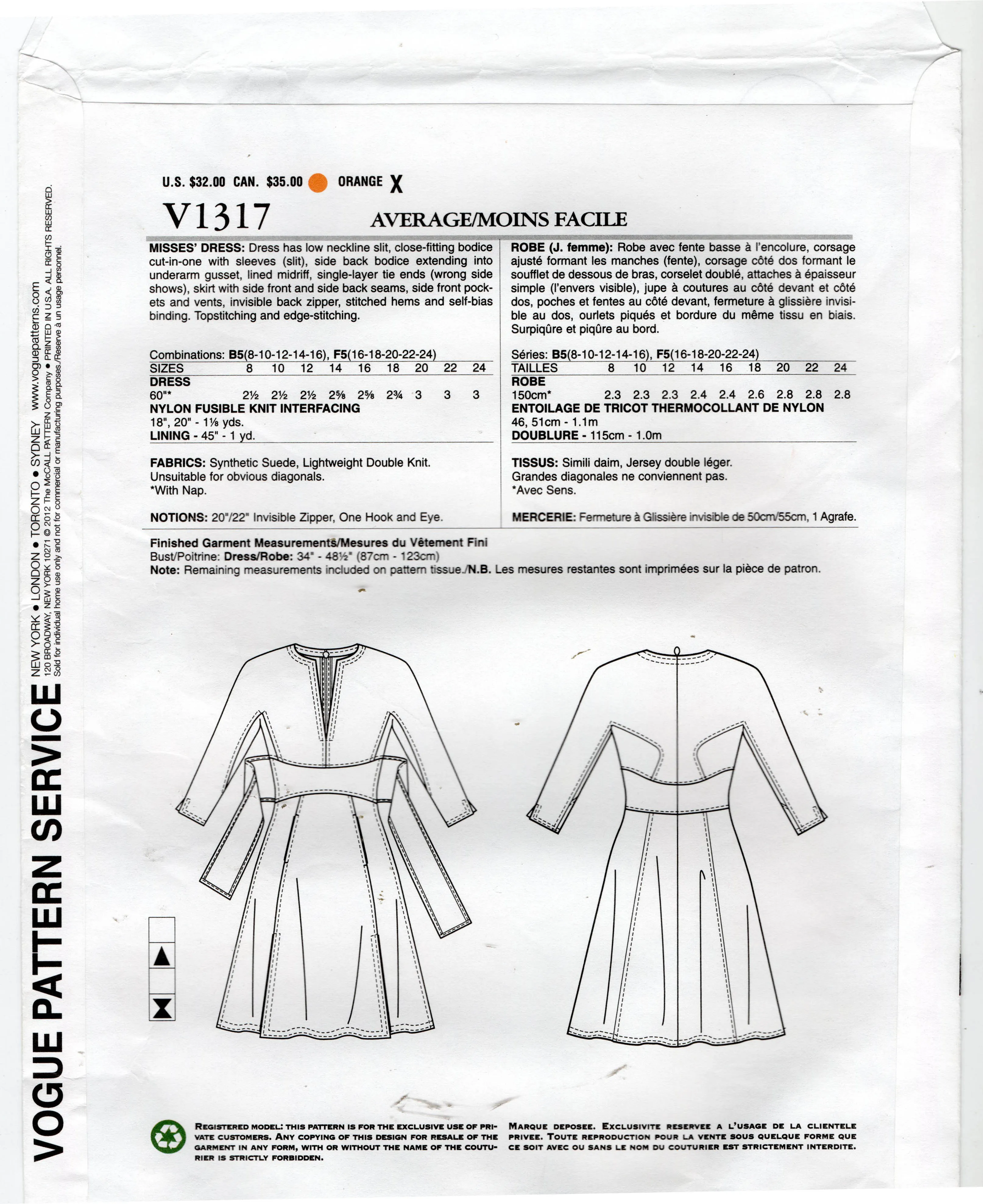 Vogue American Designer 1317 CHADO Ralph Rucci Womens Tie Front Dress Out Of Print Sewing Pattern Size 16 - 24 UNCUT Factory Folded