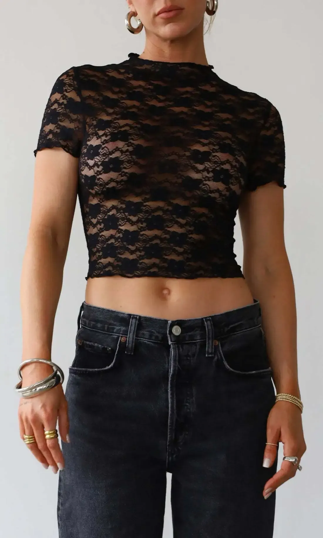 VogueEase Lace Mock Neck Sheer Cropped Top