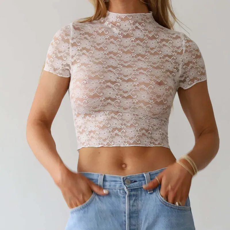 VogueEase Lace Mock Neck Sheer Cropped Top