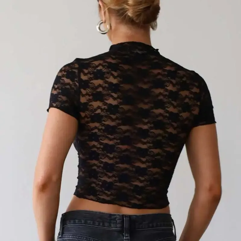VogueEase Lace Mock Neck Sheer Cropped Top
