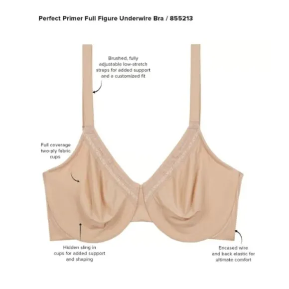 Wacoal Perfect Primer Full Figure Underwire Bra 40DD Nude Beige Support NWT
