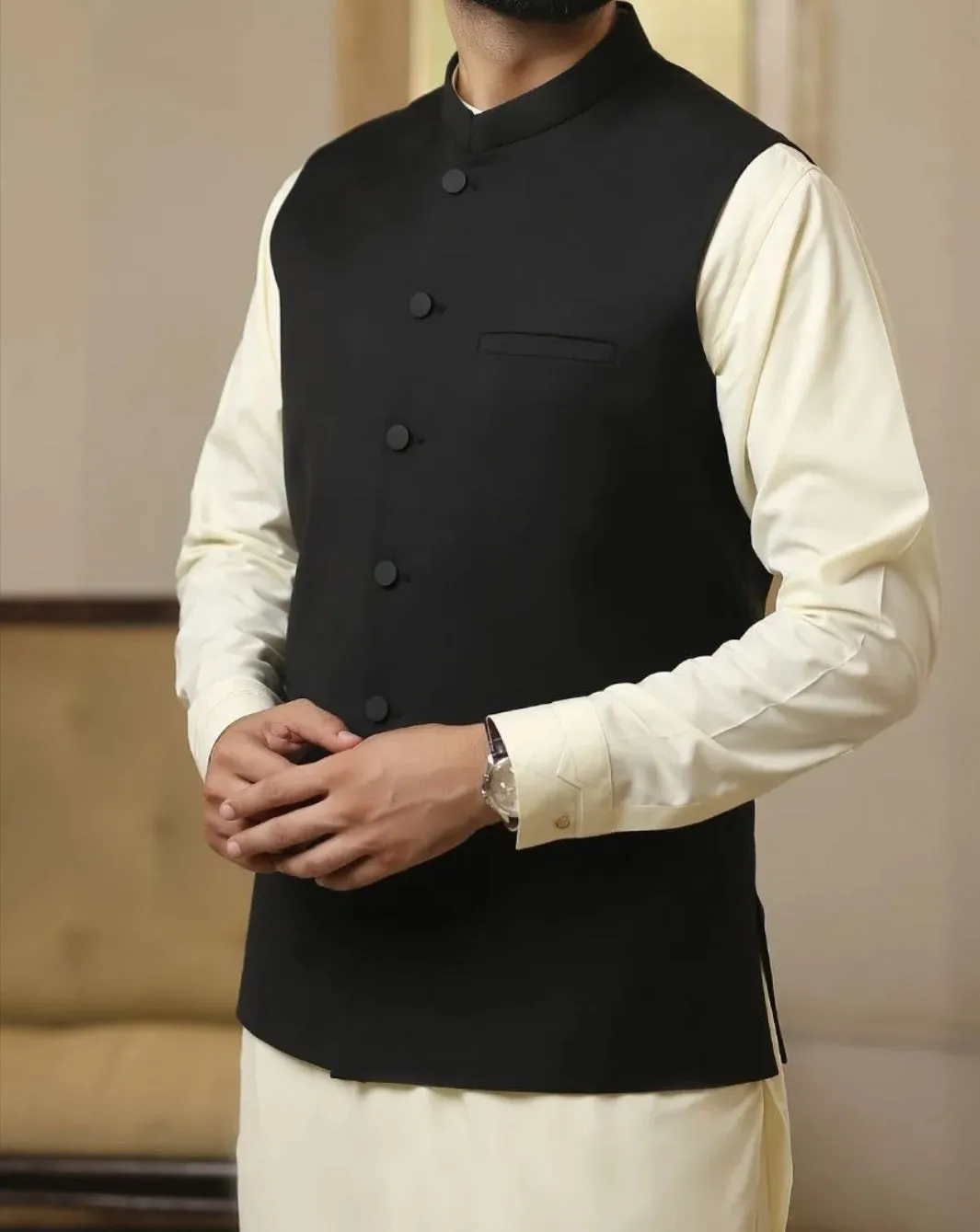 Waistcoat Pakistan for men in black color # M2673