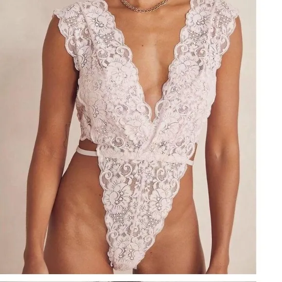We Are HAH x Free People Cut To The Chase Bodysuit Naked Truth Blush Lace XL