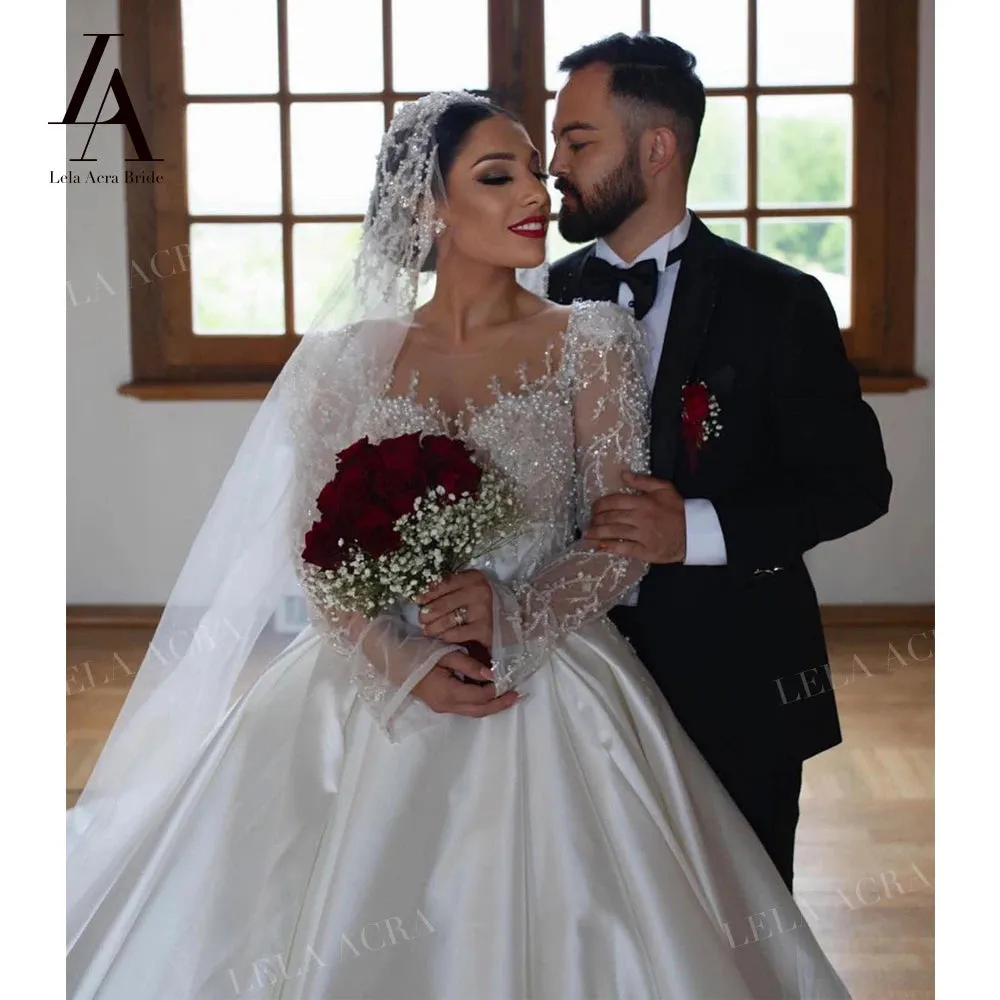 Wedding Dress Beaded Satin Ball Gown Elegant Princess