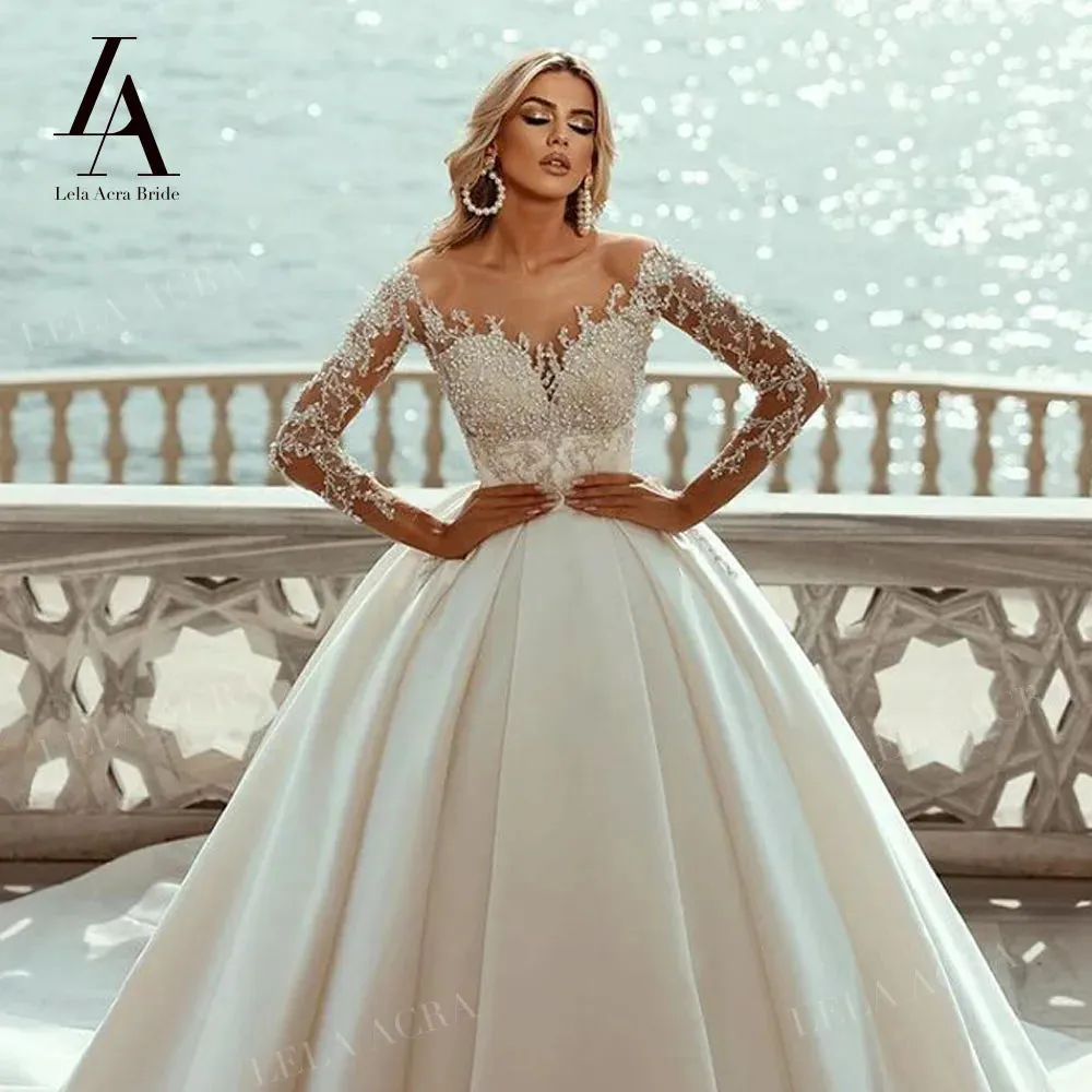 Wedding Dress Beaded Satin Ball Gown Elegant Princess