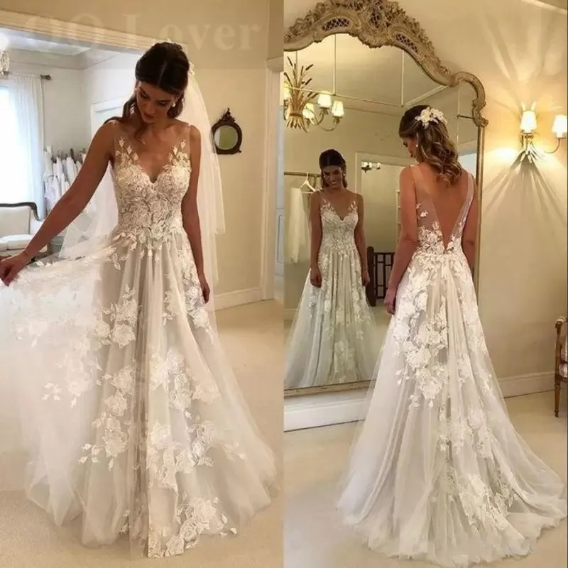 Wedding Dress Deep V-neck Lace Sleeveless