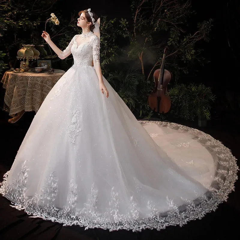 Wedding Dress Three Quarter Sleeve High Neck Luxury 1m Long Train Ball Gown