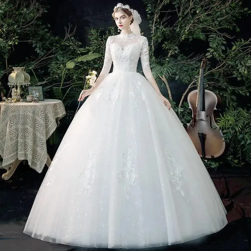 Wedding Dress Three Quarter Sleeve High Neck Luxury 1m Long Train Ball Gown