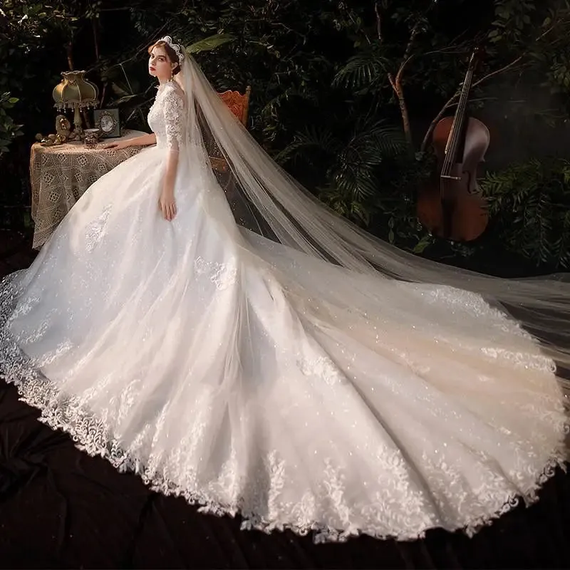Wedding Dress Three Quarter Sleeve High Neck Luxury 1m Long Train Ball Gown