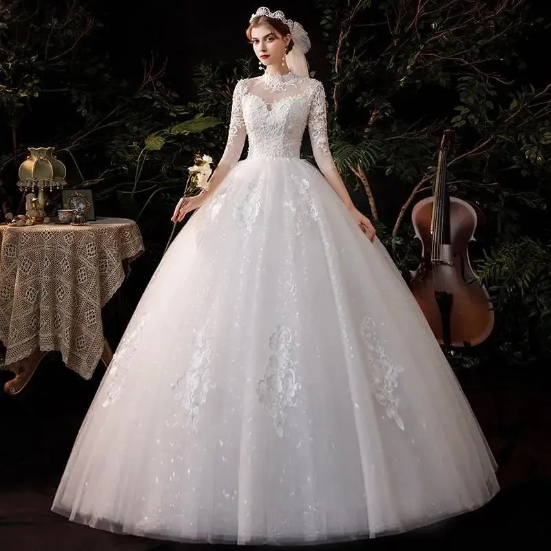 Wedding Dress Three Quarter Sleeve High Neck Luxury 1m Long Train Ball Gown