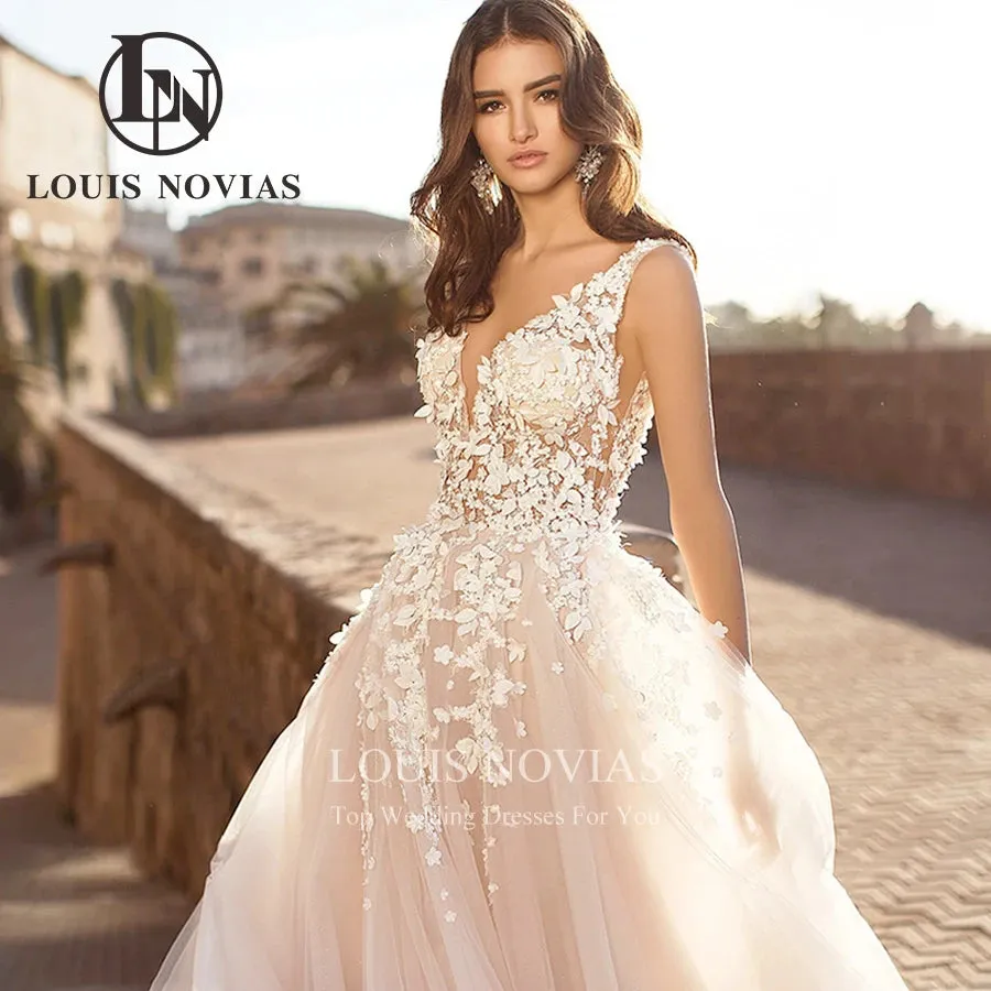 Wedding Dress V-Neck Backless Beaded Flowers Sparkling Tulle A-Line