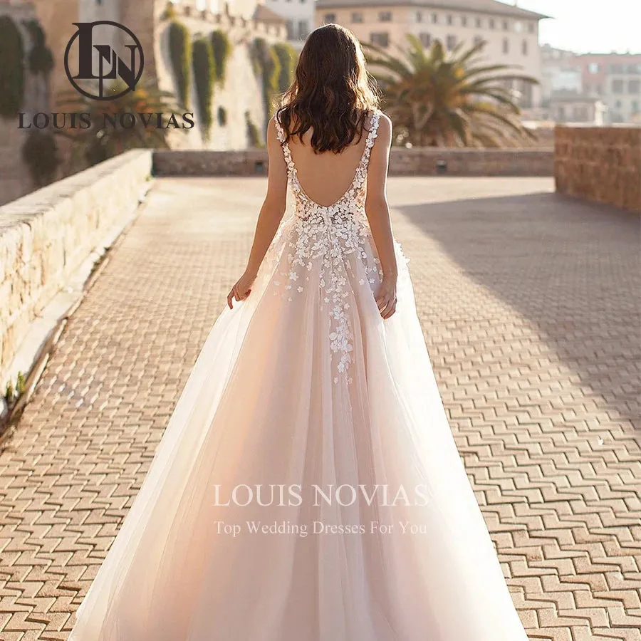Wedding Dress V-Neck Backless Beaded Flowers Sparkling Tulle A-Line