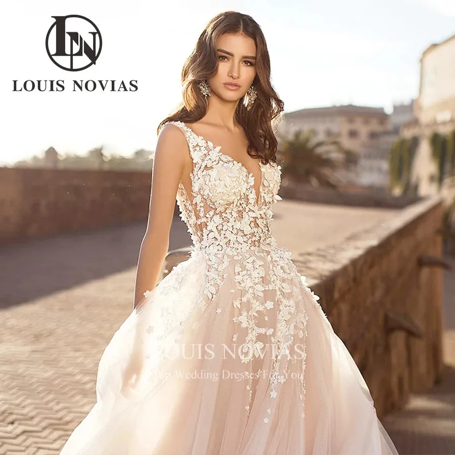 Wedding Dress V-Neck Backless Beaded Flowers Sparkling Tulle A-Line