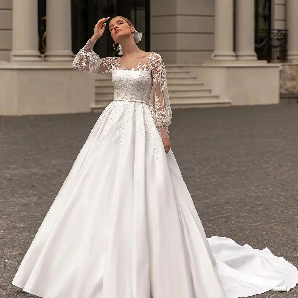Wedding Dresses A Line Puffy Ruched Satin Ball Gowns Long Sleeve Formal
