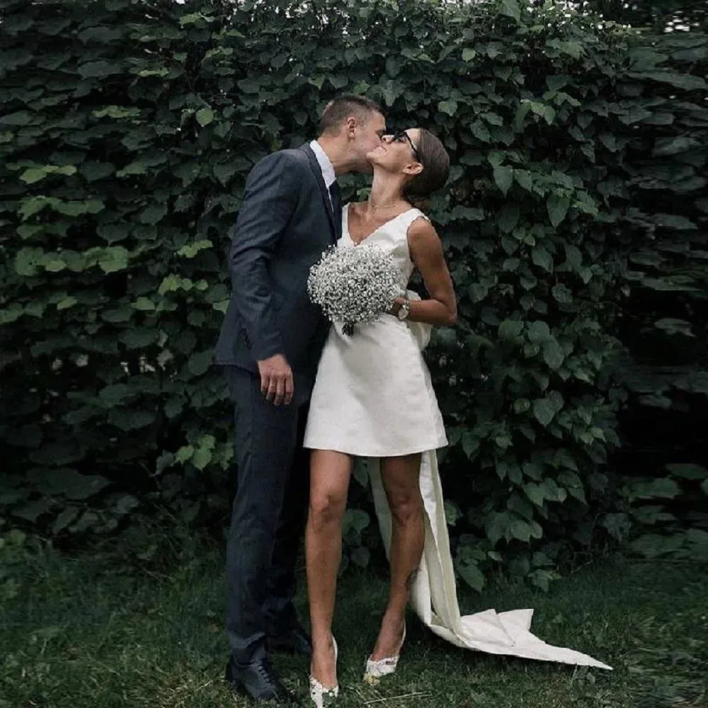 Wedding Dresses Boho Large Bow V Neck Robe De Mariee Short Bridal Gown