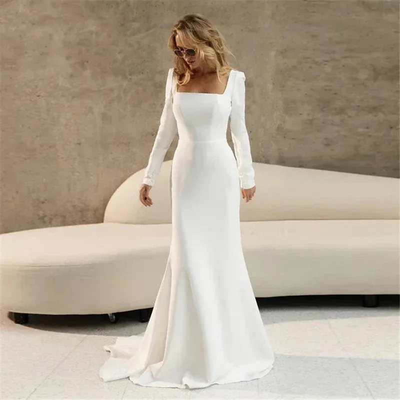 Wedding Dresses For Women Long Sleeves Square Collar Bridal Gowns