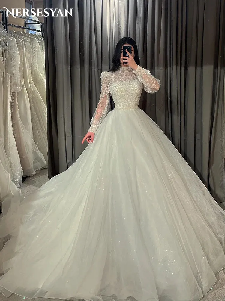 Wedding Dresses High Neck Appliques Long Sleeves Bridal Gowns