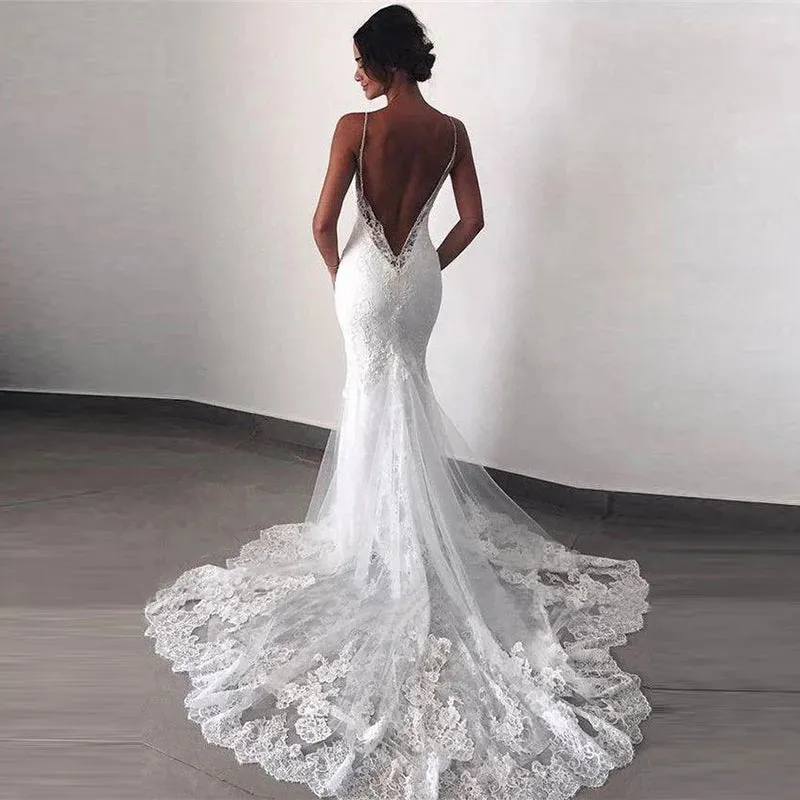 Wedding Dresses Lace Open Back Spaghetti Straps Appliqued  Bridal Gowns