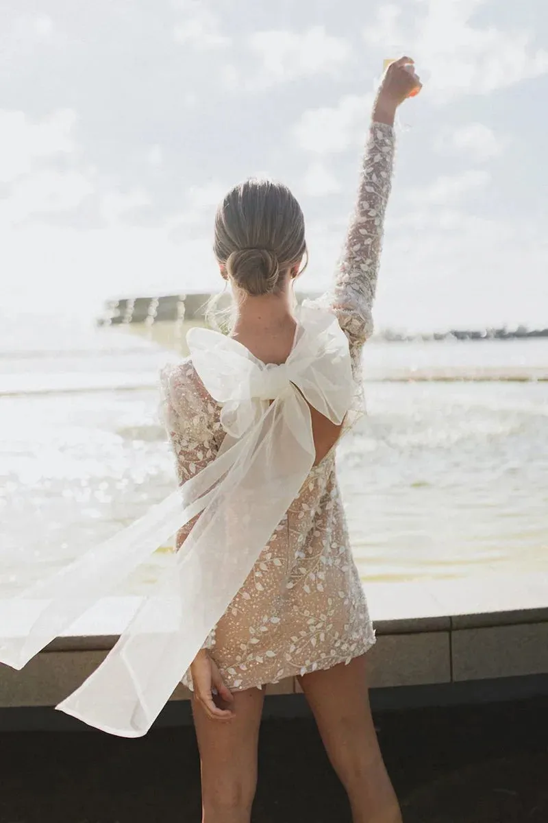 Wedding Dresses Long Sleeves With Bow Mini Backless Beadings Bride Dress