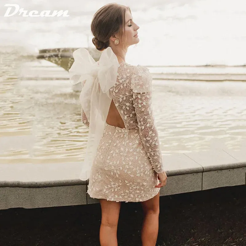 Wedding Dresses Long Sleeves With Bow Mini Backless Beadings Bride Dress