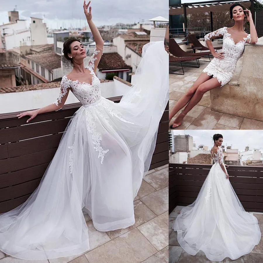 Wedding Dresses With Detachable Skirt Lace Appliques Sleeves Two Pieces