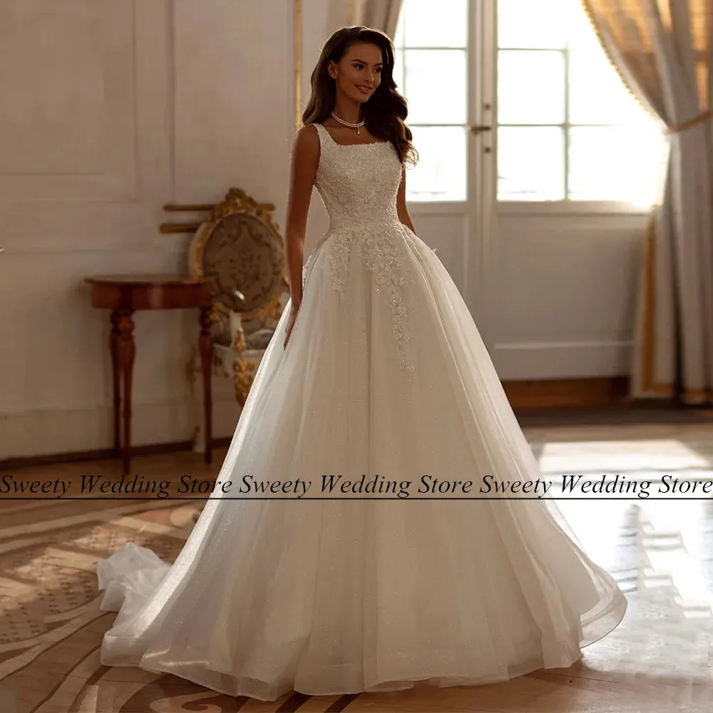 Wedding Guest Dresses: Bride Gown Square Neck Sleeveless Sequin Applique