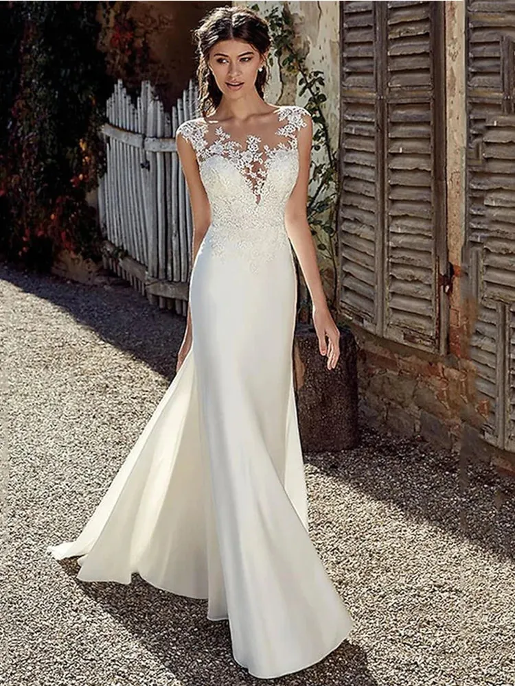 Wedding Guest Dresses: Lace Sheath Wedding Dress Illusion Bohemian Bridal Gowns Beach