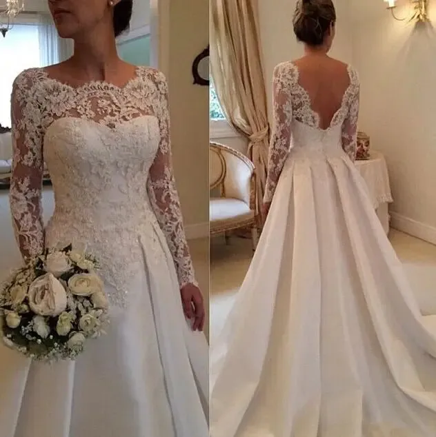 Wedding Guest Dresses: Wedding Dress Vintage robe de mariée Lace Satin Long Sleeve