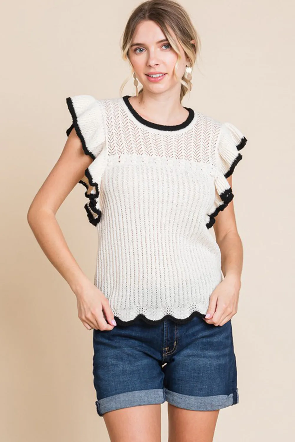 White Contrast Frilly Trim Hollowed Knit Sweater Vest