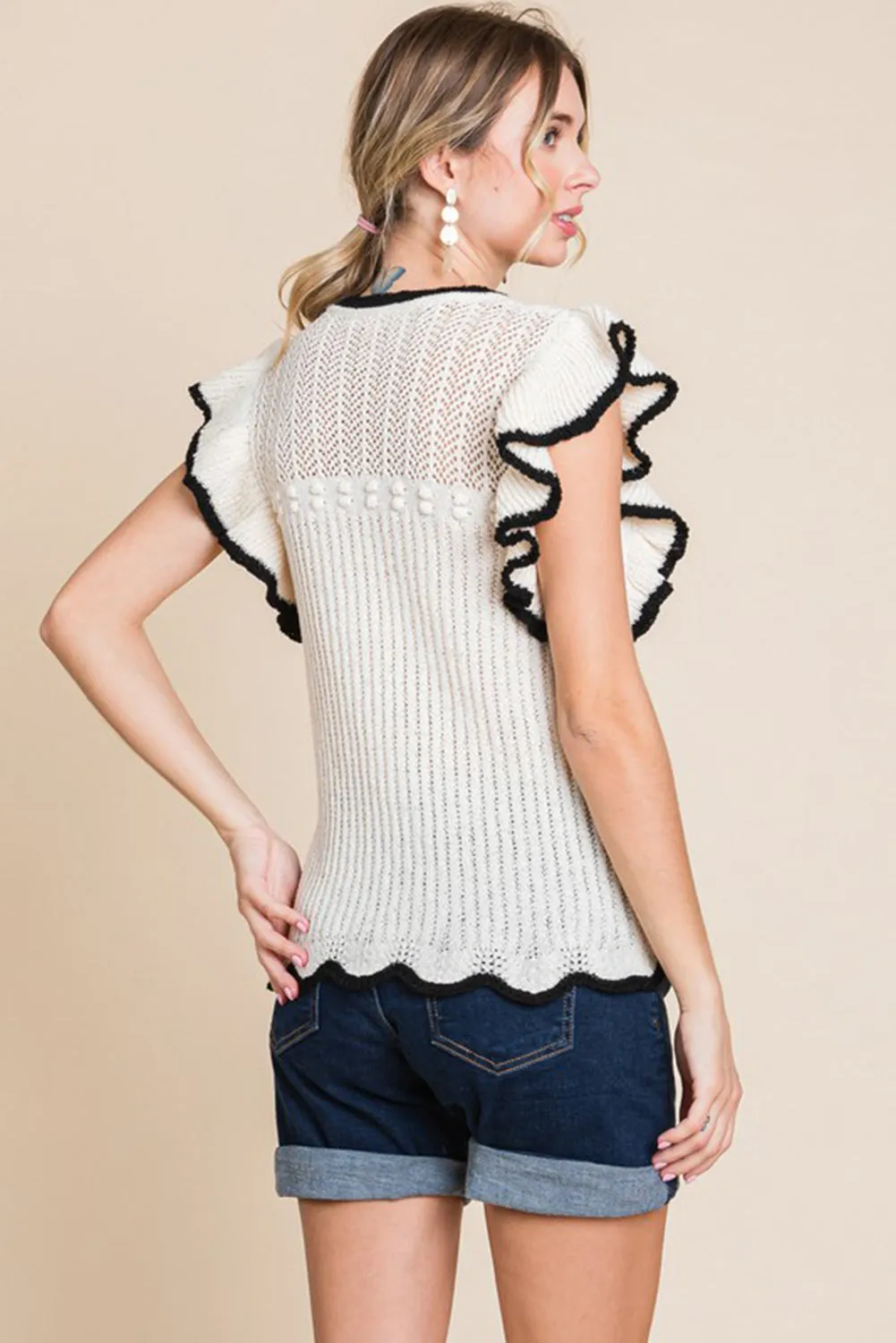 White Contrast Frilly Trim Hollowed Knit Sweater Vest