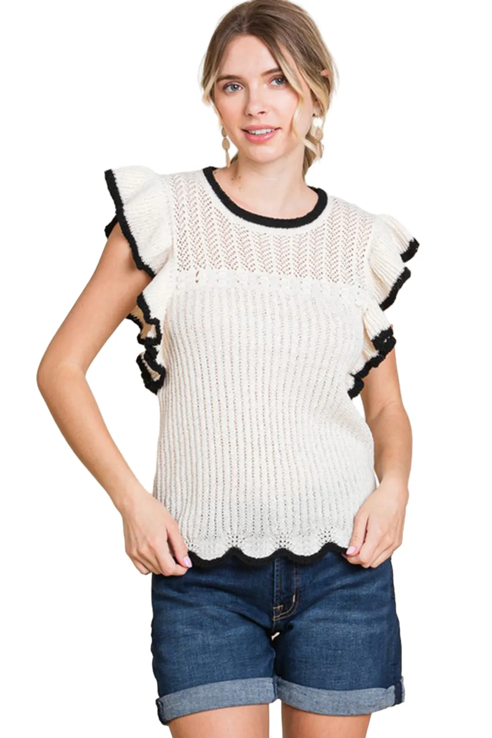 White Contrast Frilly Trim Hollowed Knit Sweater Vest