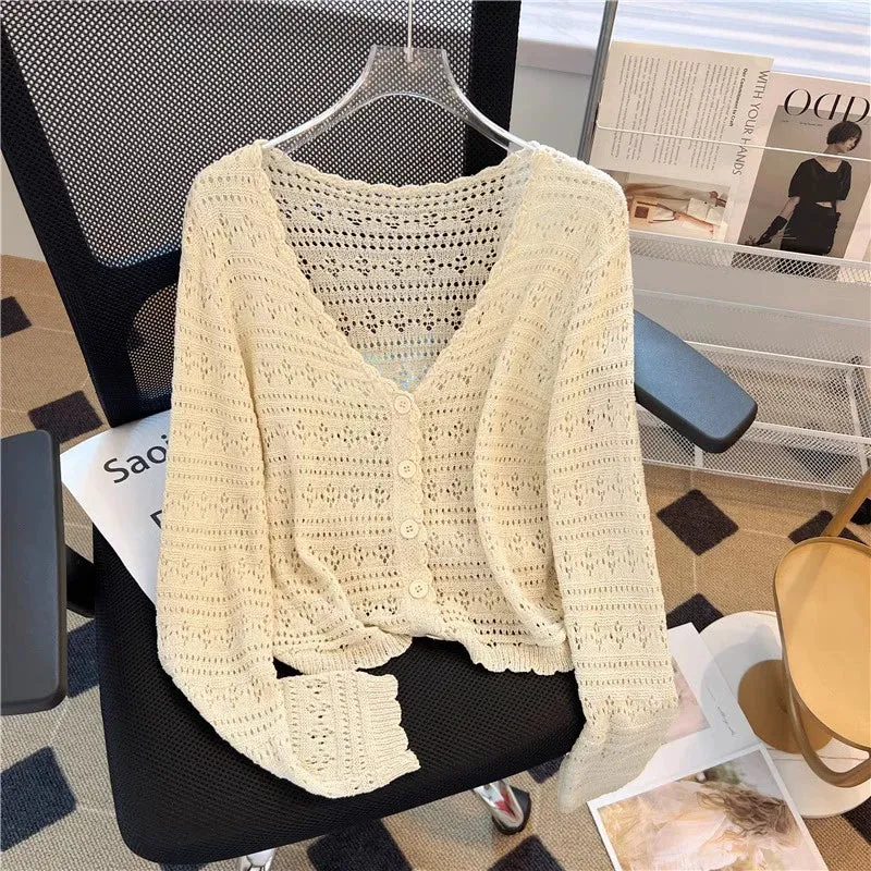 White Ice Silk Summer and Autumn Long Sleeves Tops Suspender Skirt Cardigan