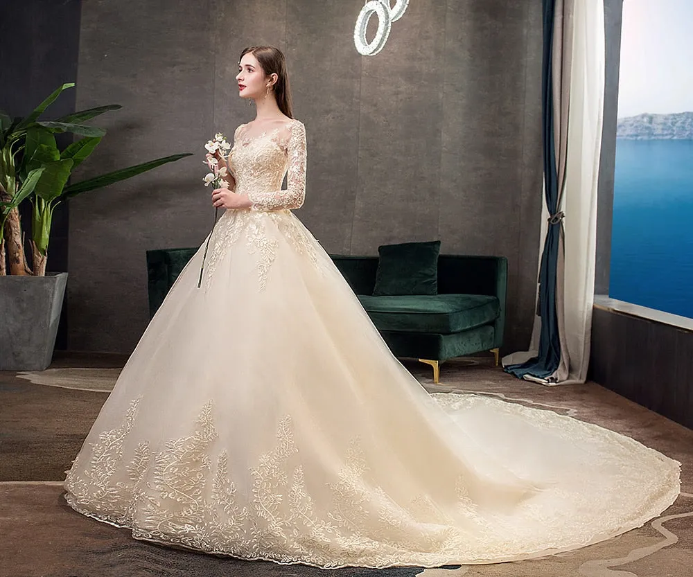 White Ivory Champagne Wedding Dresses With Sleeve Illusion