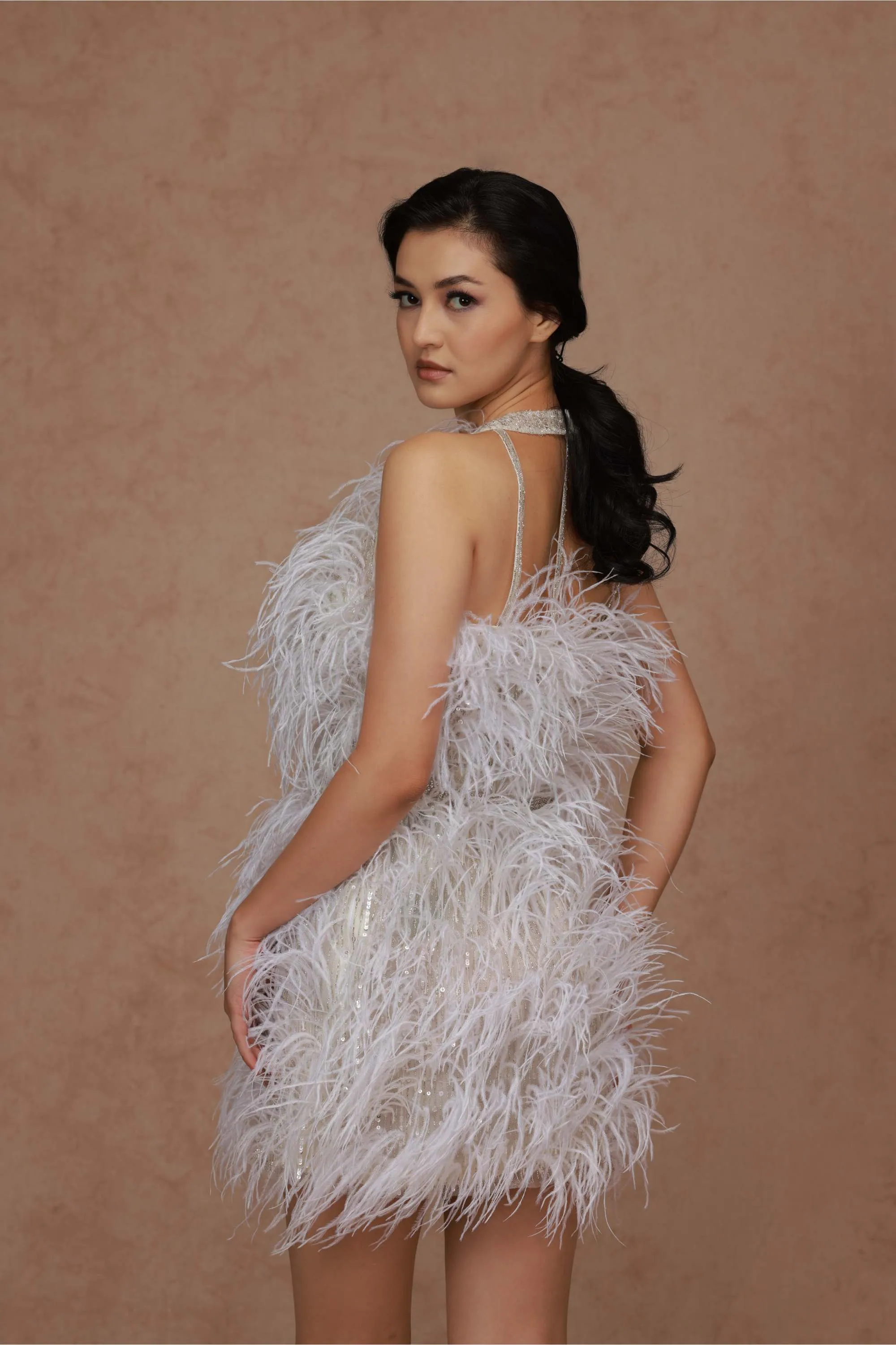 White Sequins Feather Dress with Belt