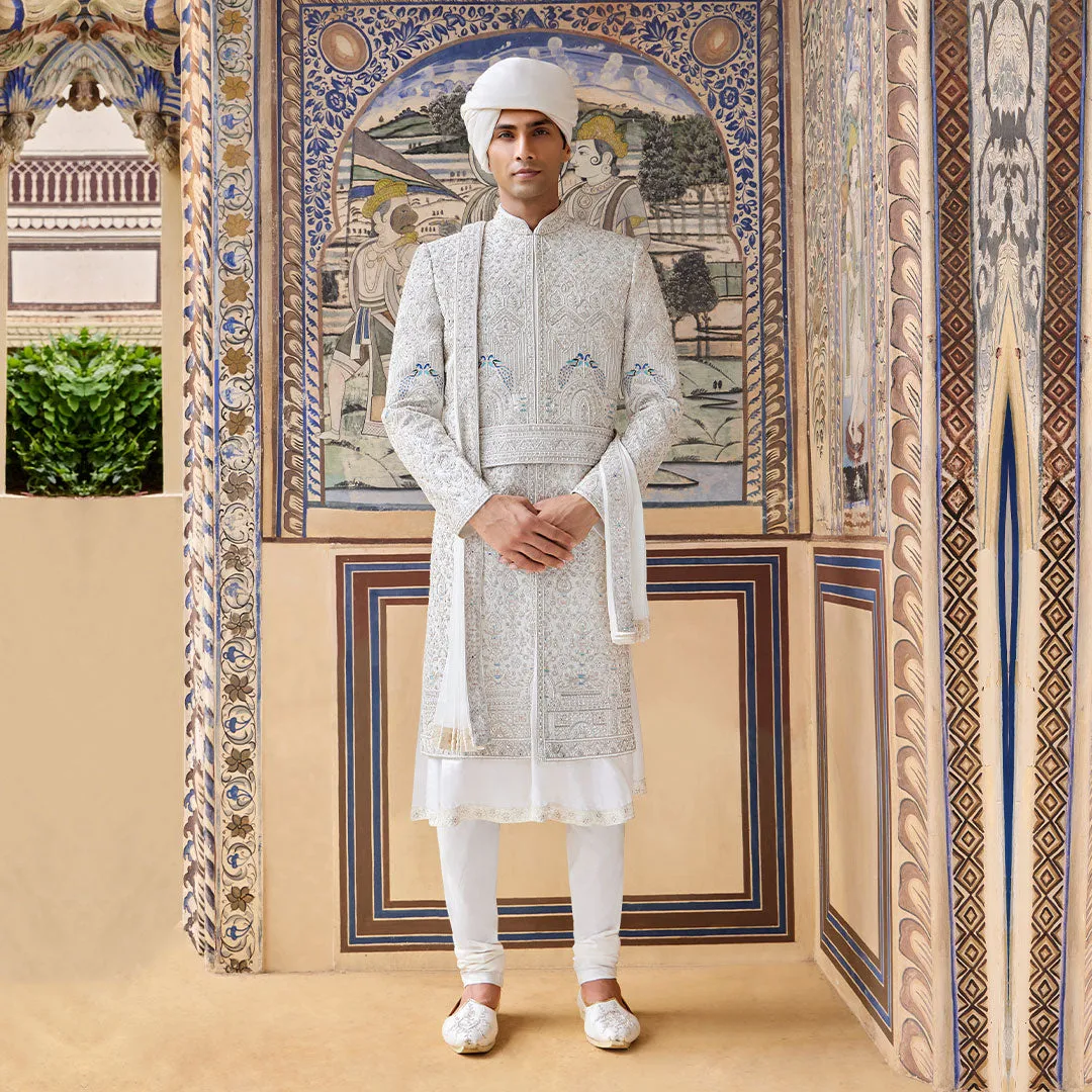 White Undertone Sherwani With Blue Tinch