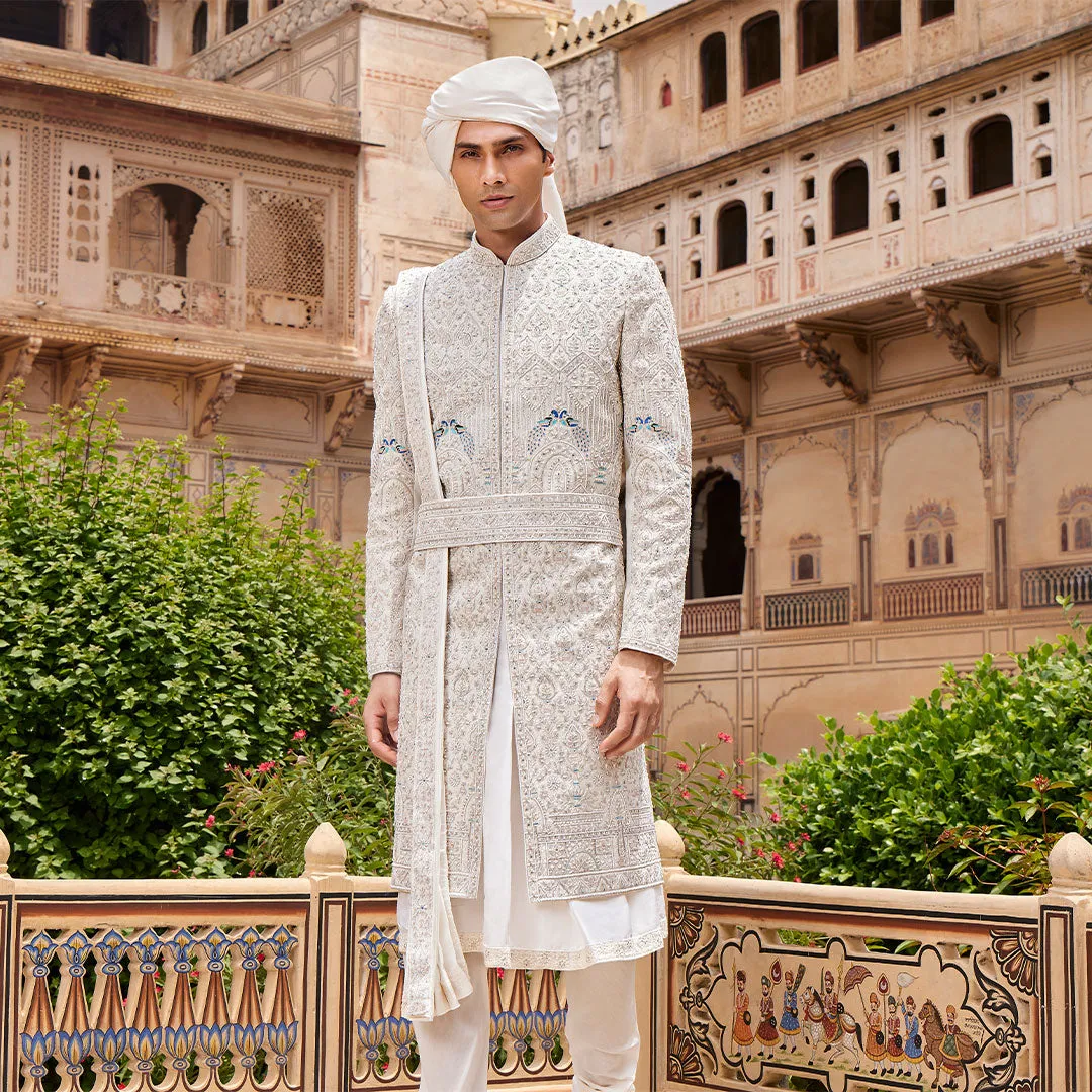White Undertone Sherwani With Blue Tinch