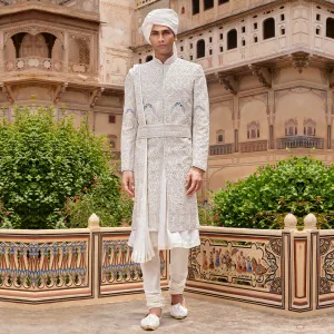 White Undertone Sherwani With Blue Tinch
