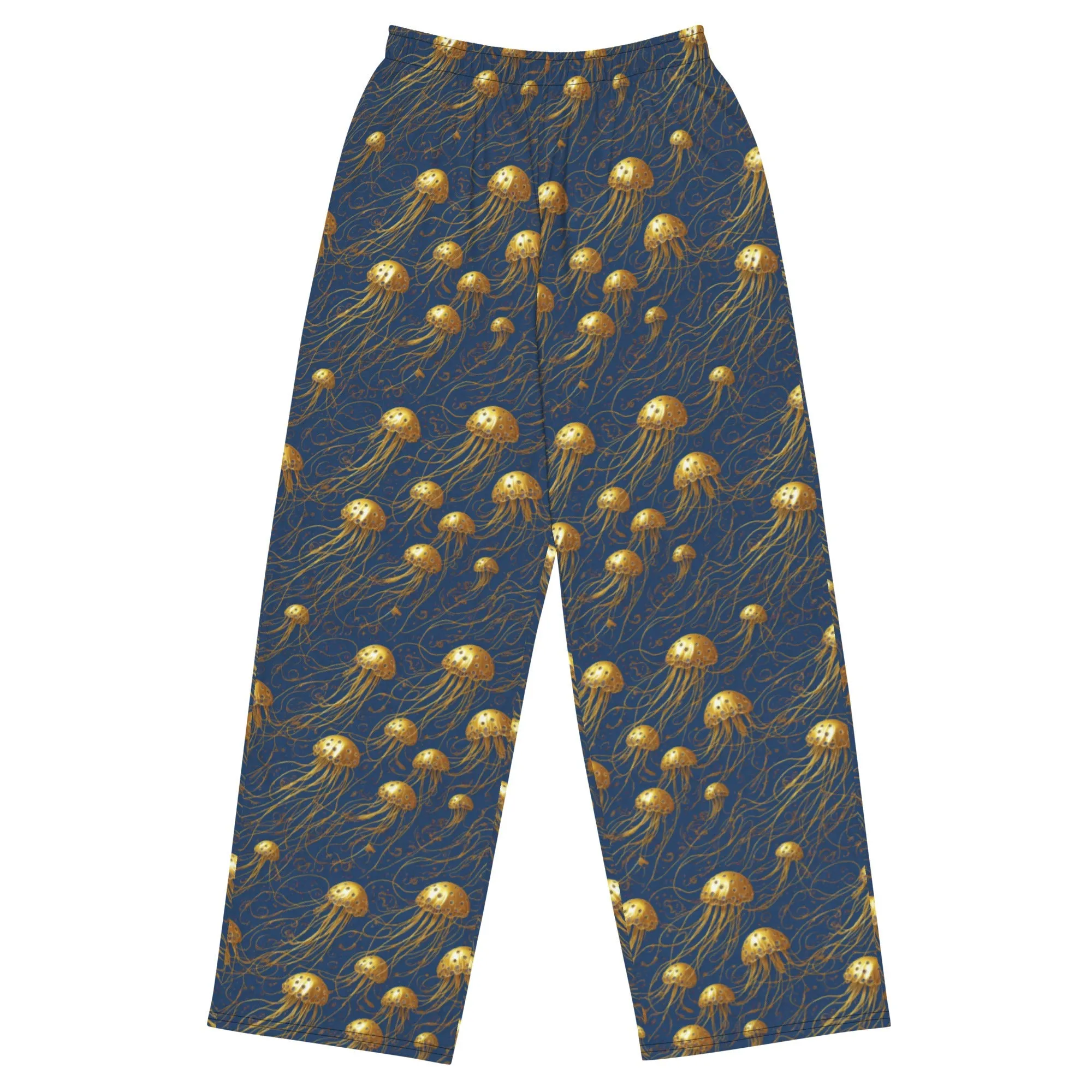 Wide-leg Pants - Blue and Gold Jellyfishes
