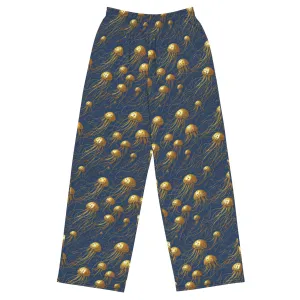 Wide-leg Pants - Blue and Gold Jellyfishes
